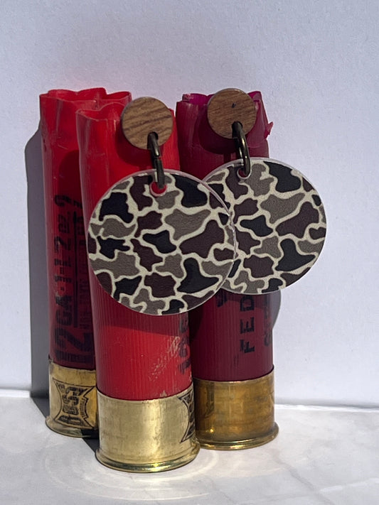 Camouflage-patterned earrings displayed on red shotgun shells against a white background