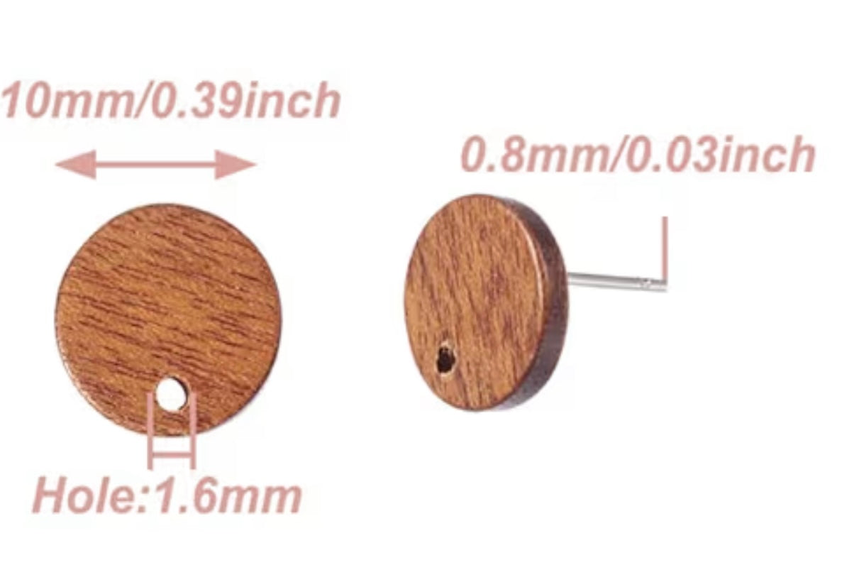 round Wooden earrings with measurements on a white background