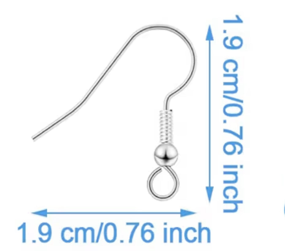 Silver earring hook with measurements on a white background